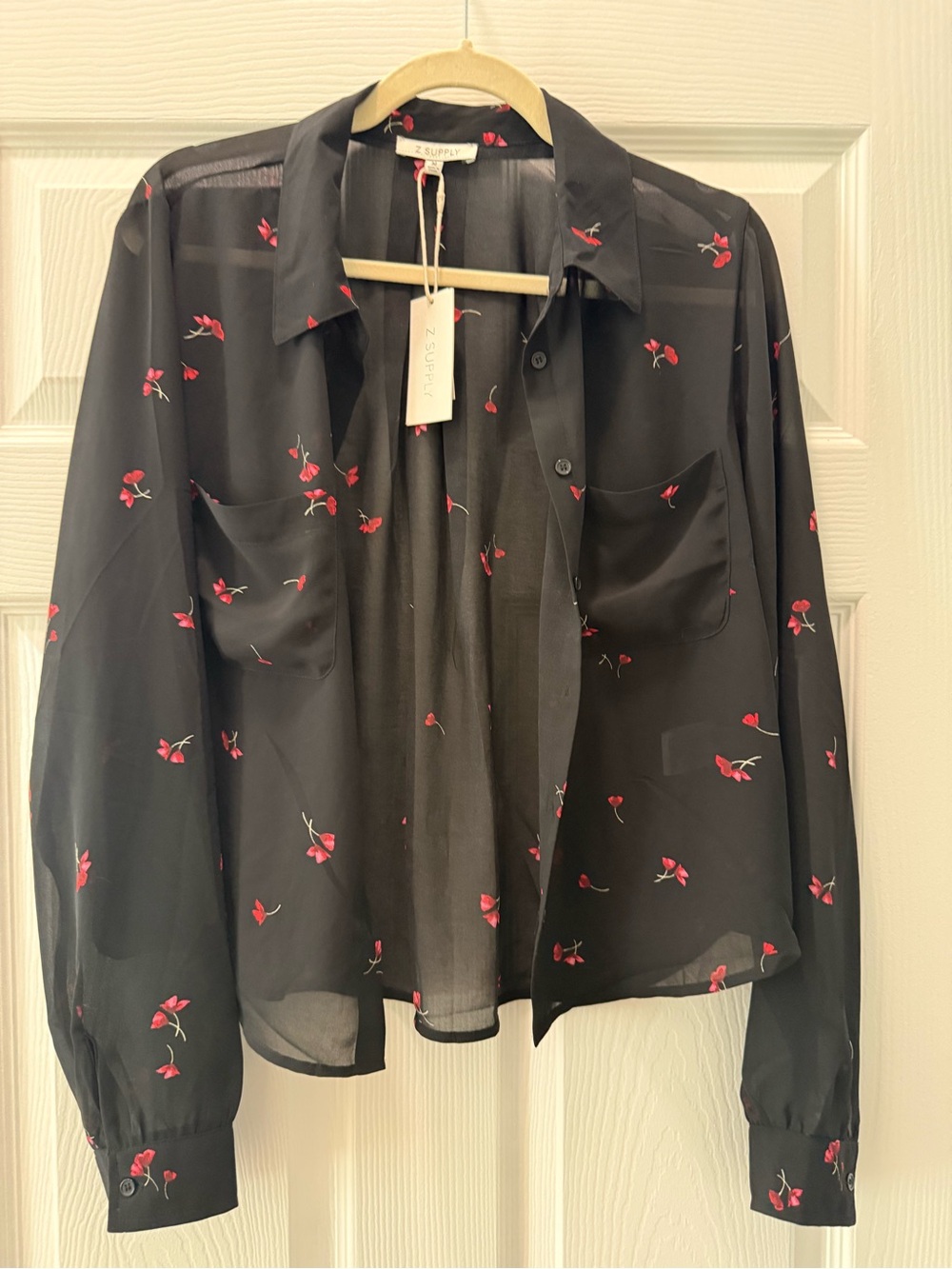Z Supply Black Sheer Button-Up Shirt with Red Floral Print